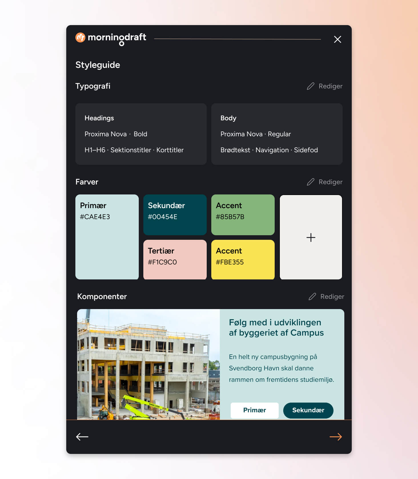 Morningdraft styleguide med typografi farver og komponenter