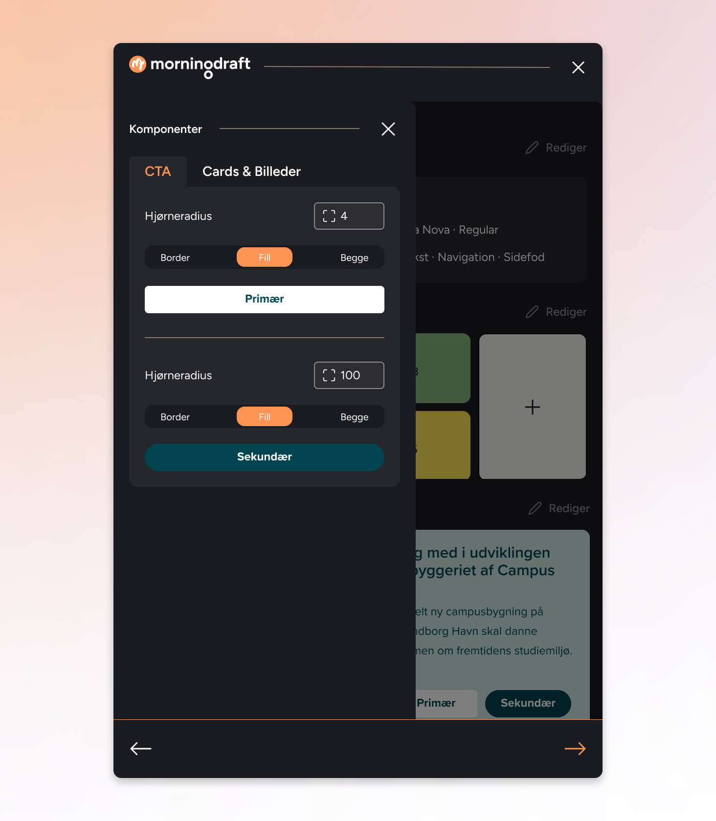 Morningdraft komponentindstillinger for CTA og cards