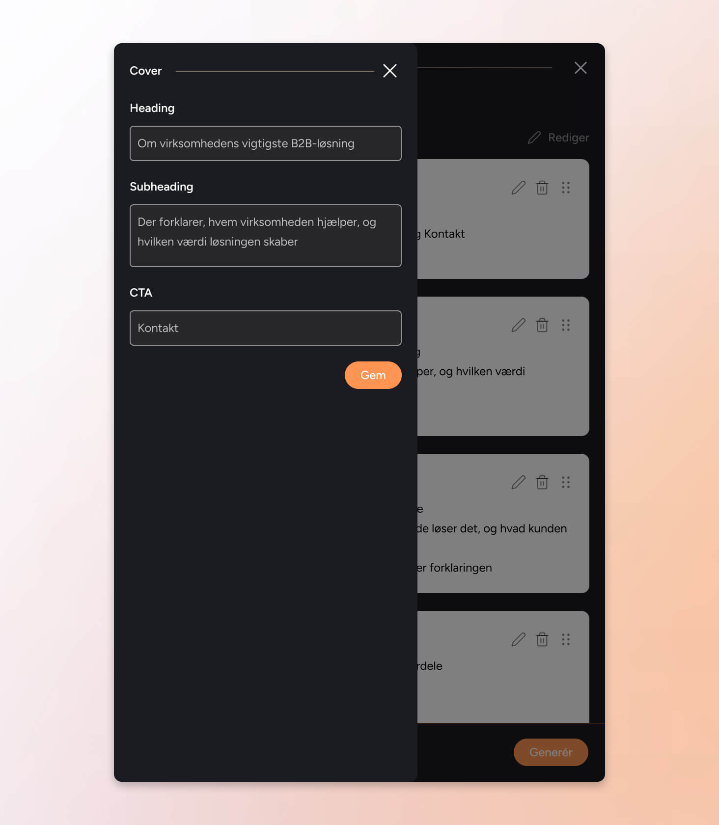 Morningdraft promptpanel til redigering af coverindhold