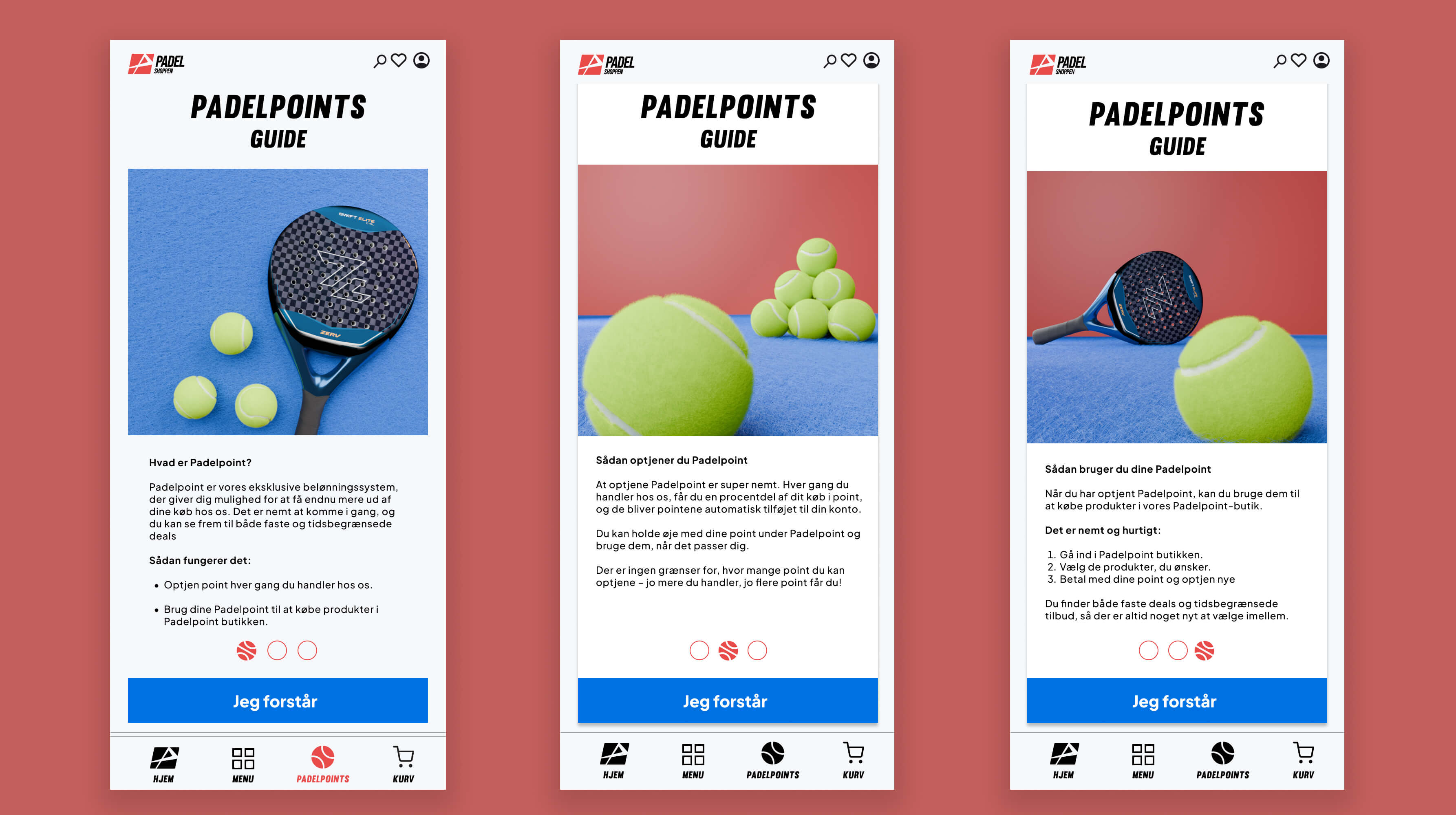 Tre skærme fra Padelpoints guiden, der forklarer hvordan point optjenes og bruges
