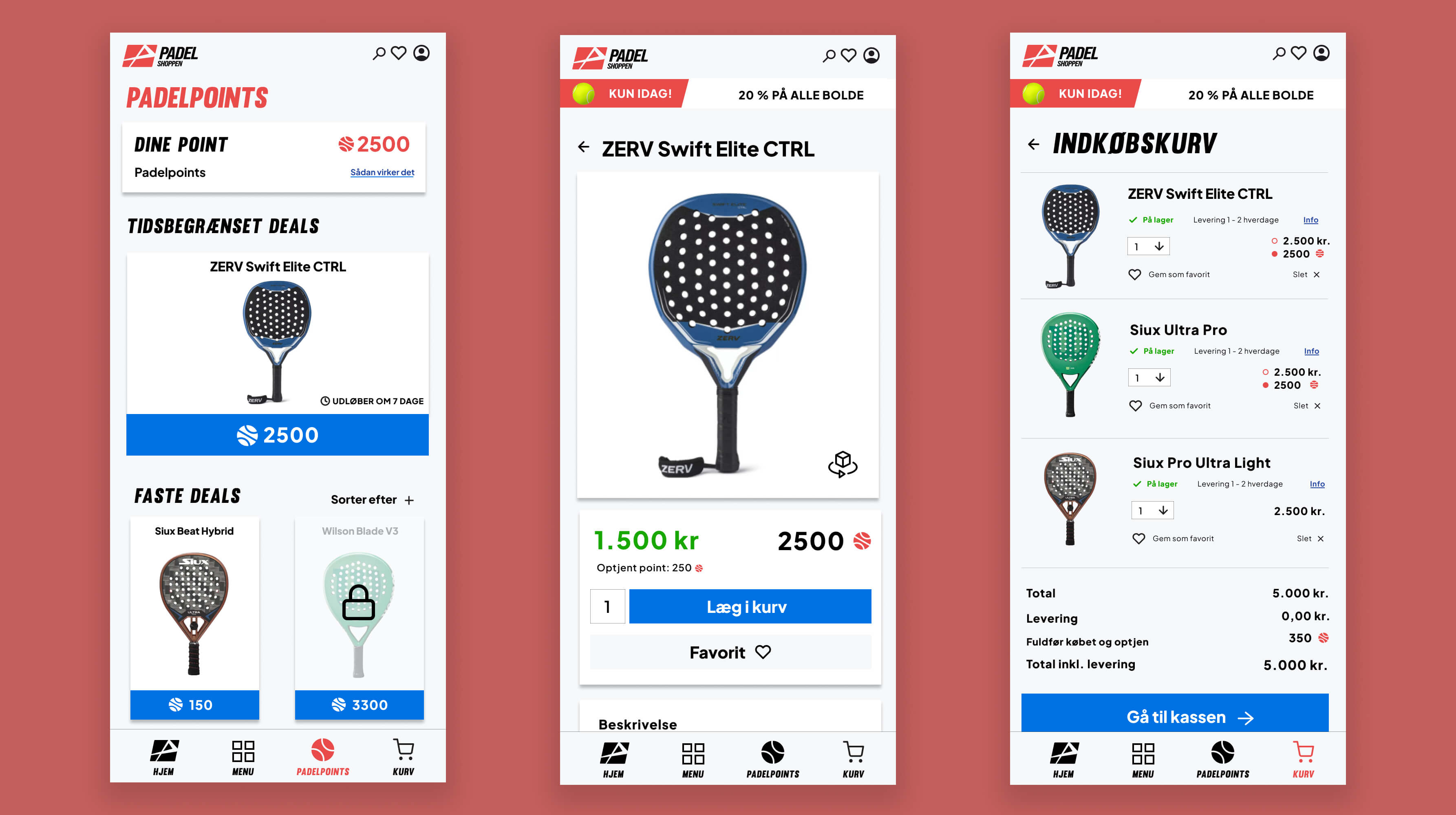 Padelpoints flow med pointoversigt, pointbutik, produktside og kurv